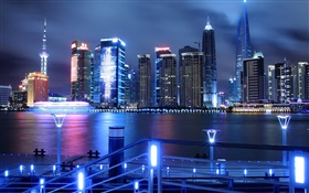 Китай, Шанхай, город ночью, небоскребы, огни, река HD обои