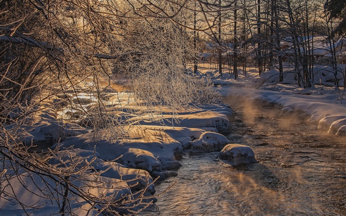 Холодная зима, деревья, река, снег толщиной обои,s изображение