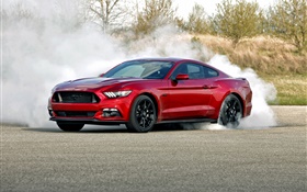 Ford Mustang красный цвет автомобиля, дым HD обои