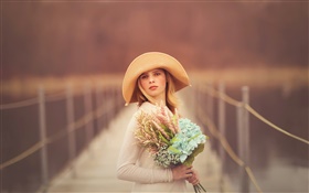 Девушка на мосту, блондинка, шляпу, портрет, цветы HD обои