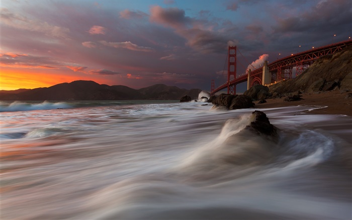 Мост Золотые Ворота, Маршалл Пляж, море, США, Сан-Франциско, ночь, облака обои,s изображение