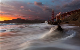 Мост Золотые Ворота, Маршалл Пляж, море, США, Сан-Франциско, ночь, облака