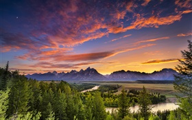 Гранд-Титон Национальный парк, США, горы, река, деревья, облака, закат