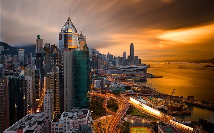 Гонконг, Китай, город ночью, порт, небо, здания, ночь обои,s изображение