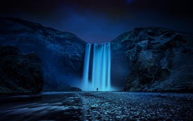 Исландия, скалы, водопад, ночь