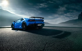Lamborghini Huracan синий суперкар вид сзади, облака