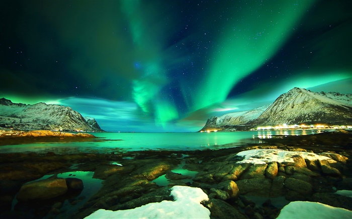 Лофотенские острова, Норвегия, Северное сияние, горы, море, камни, ночь обои,s изображение