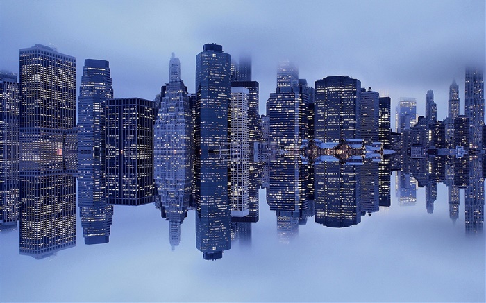 Нью-Йорк, Манхэттен, США, здания, туман, отражение обои,s изображение