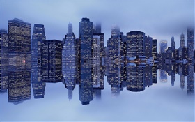 Нью-Йорк, Манхэттен, США, здания, туман, отражение