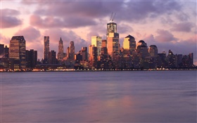 Нью-Йорк, США, здания, небоскребы, огни, море, вечер, закат, облака