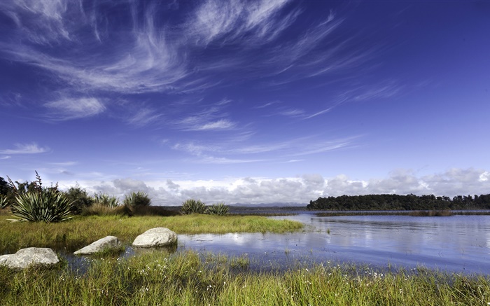 Новая Зеландия, озеро, камни, трава, голубое небо, облака обои,s изображение