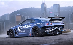 Nissan GT-R синий спортивный автомобиль