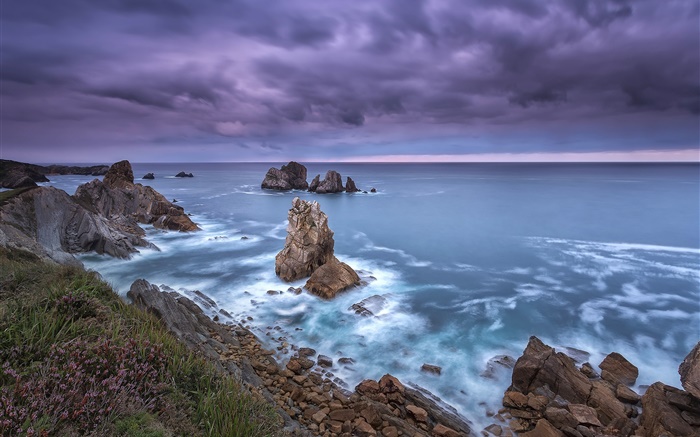 Северная Испания, Кантабрия, берег, море, скалы, облака, закат обои,s изображение