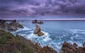Северная Испания, Кантабрия, берег, море, скалы, облака, закат HD обои