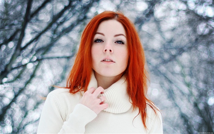 Красивая девушка, красные волосы, зима, снег обои,s изображение