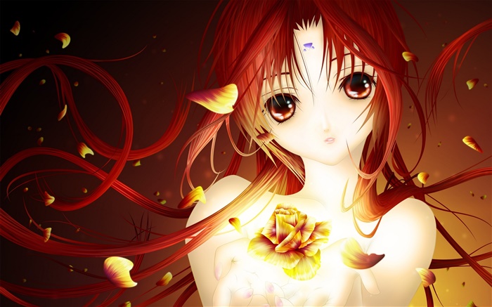 Красные волосы аниме девушка, лепестки розы обои,s изображение