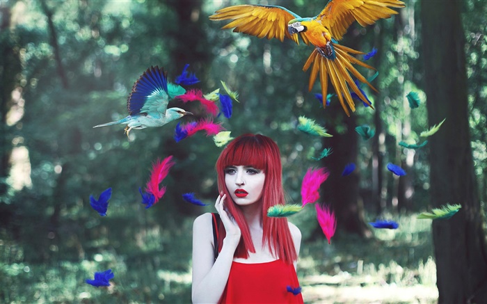 Красные волосы девушка, красочные перья, птицы, творческие фотографии обои,s изображение