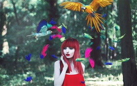 Красные волосы девушка, красочные перья, птицы, творческие фотографии HD обои