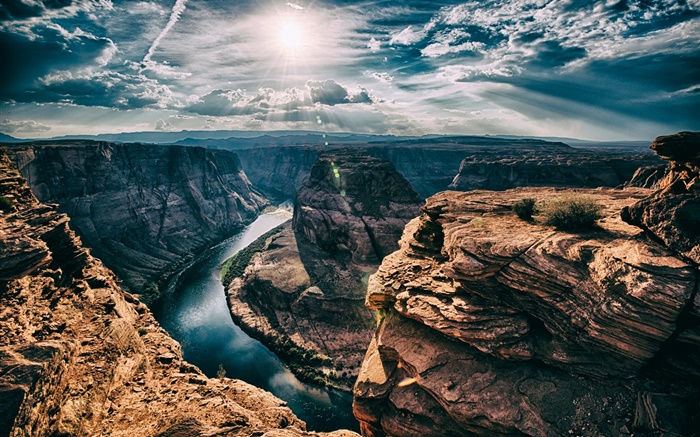 Река, Horseshoe Bend, штат Аризона, США, каньон, солнце, облака обои,s изображение