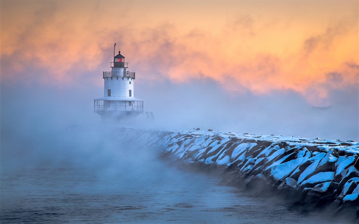 South Portland, Maine, маяк, мороз, рассвет, туман обои,s изображение