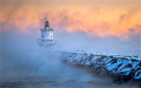South Portland, Maine, маяк, мороз, рассвет, туман