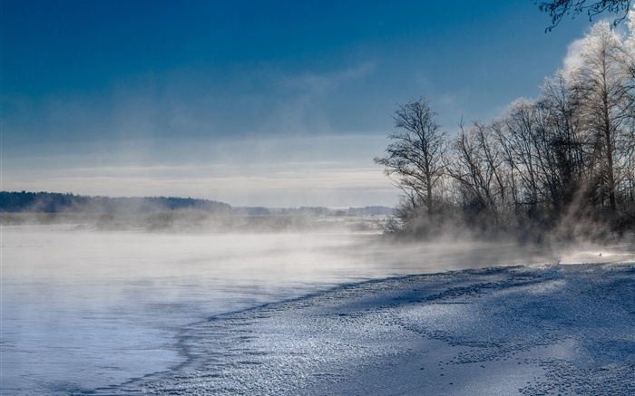 Пар, туман, озеро, деревья, горы, зима, снег обои,s изображение