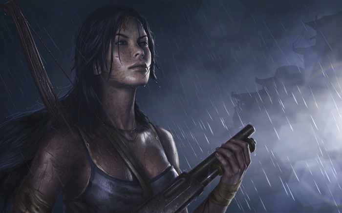 Tomb Raider, девушка, дробовик, дождь обои,s изображение