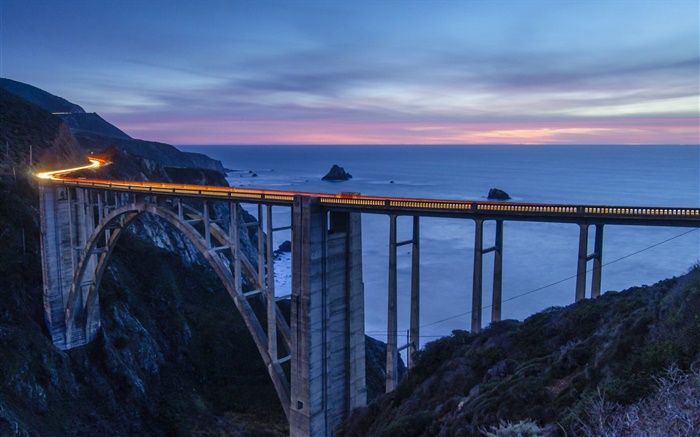 США, Калифорния, Монтерей, мост, залив, море, горы, ночь обои,s изображение