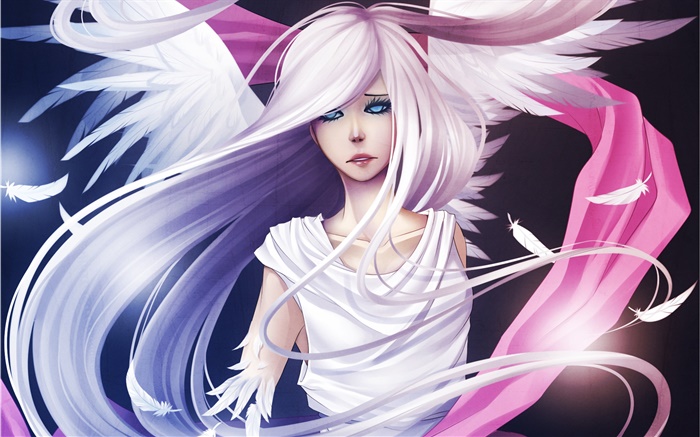 Белые волосы аниме девушка, ангел, крылья, перья обои,s изображение
