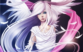 Белые волосы аниме девушка, ангел, крылья, перья HD обои
