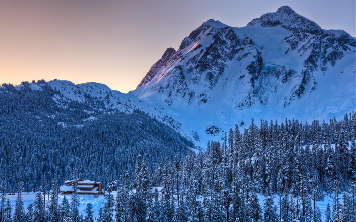 Зима, снег, горы, деревья, закат обои,s изображение
