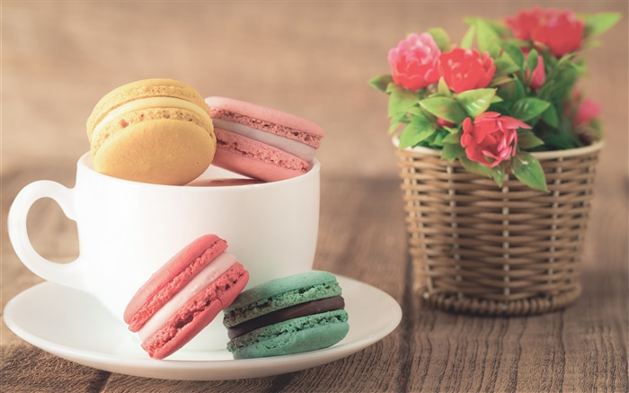Миндальное печенье, десерт, красочные, чашки, цветы обои,s изображение