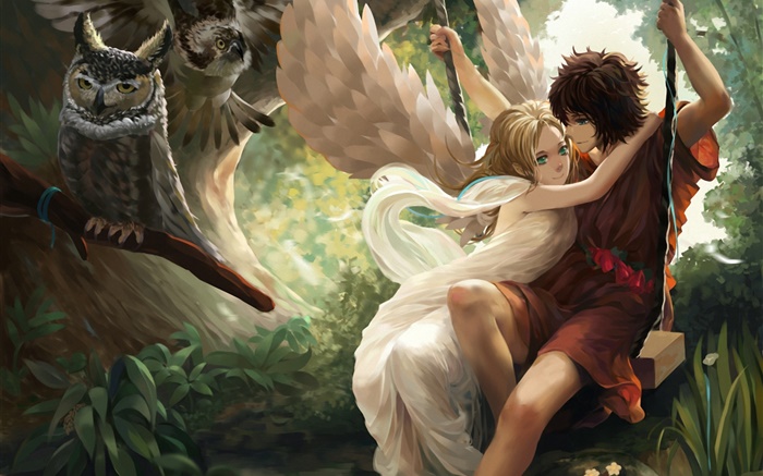 Аниме девушка ангел, крылья, мальчик, качели, сова обои,s изображение