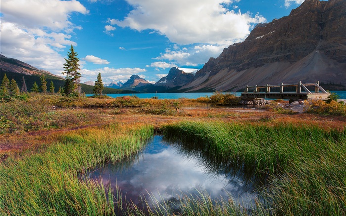 Национальный парк Банф, Альберта, Канада, озеро, горы, трава, облака обои,s изображение