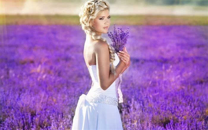 Блондинка, невеста, цветы лаванды поле обои,s изображение