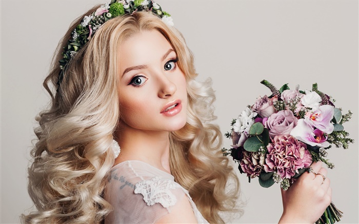 Блондинка, макияж, букет цветов, венок обои,s изображение
