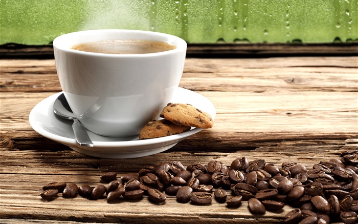 Кофе в зернах, печенье, чашка, пара обои,s изображение