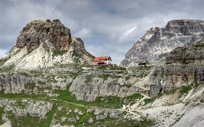 Доломиты, Италия, облака, скалы, горы, дом обои,s изображение