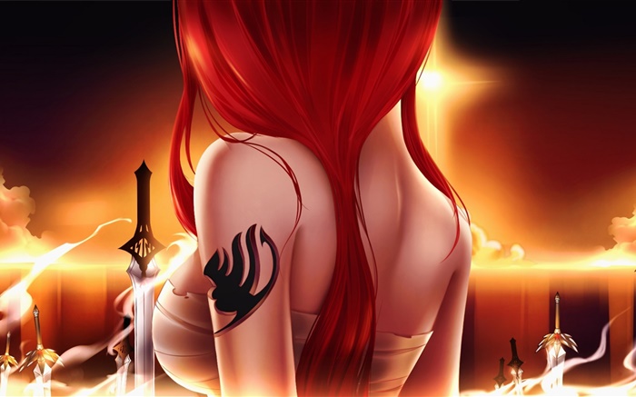Fairy Tail, аниме девушка, красные волосы, меч, вид сзади обои,s изображение