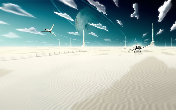 Фэнтезийный мир, творческие, облака, планета, пустыня, самолеты обои,s изображение