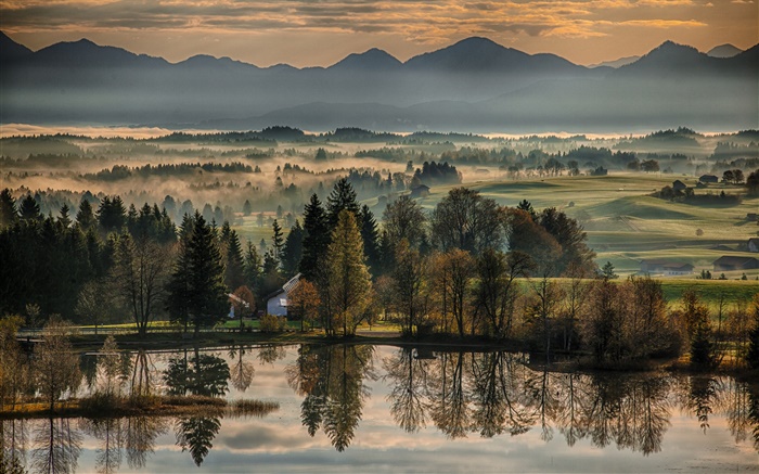 Германия, Бавария, осень, деревья, озеро, дома, туман, утро обои,s изображение