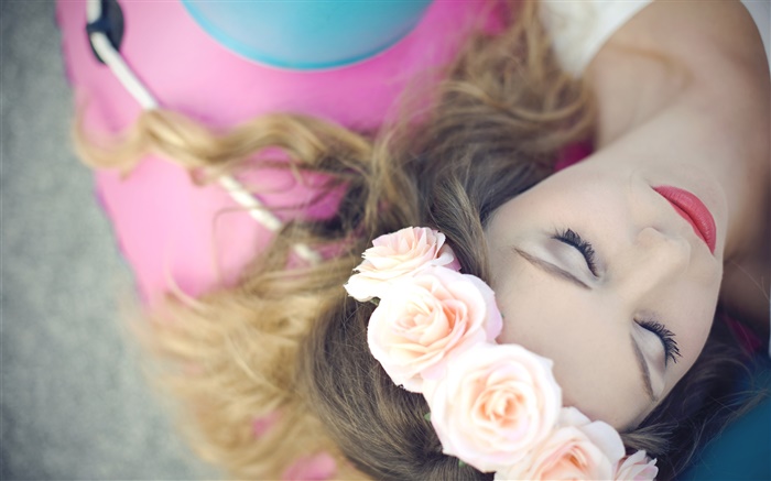 Девочка сон, цветы, розы, венок обои,s изображение