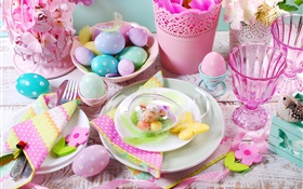 Счастливой Пасхи, украшения, красочные яйца, чашки, цветы, весна