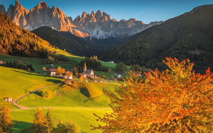 Италия, Доломиты, горы, лес, деревья, дома, закат, осень обои,s изображение
