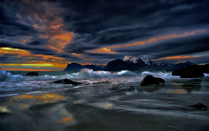 Лофотенские острова, Норвегия, берег, побережье, море, камни, вечер, облака обои,s изображение