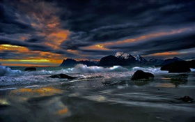 Лофотенские острова, Норвегия, берег, побережье, море, камни, вечер, облака HD обои