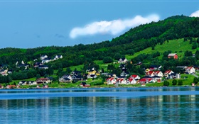 Норвегия, залив, дома, деревья, горы, голубое небо, облака HD обои