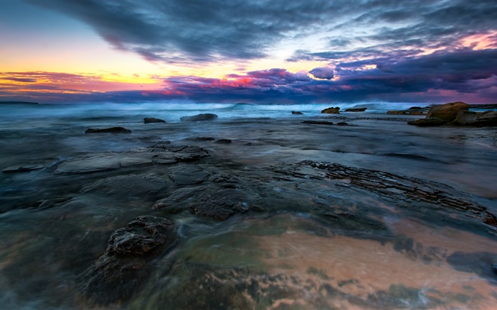 Море, вода, камни, облака, закат обои,s изображение