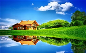Лето, озеро, дом, деревья, трава, вода отражение HD обои