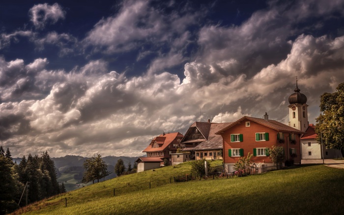 Швейцария, Heiligkreuz, дом, склон, деревья, облака обои,s изображение